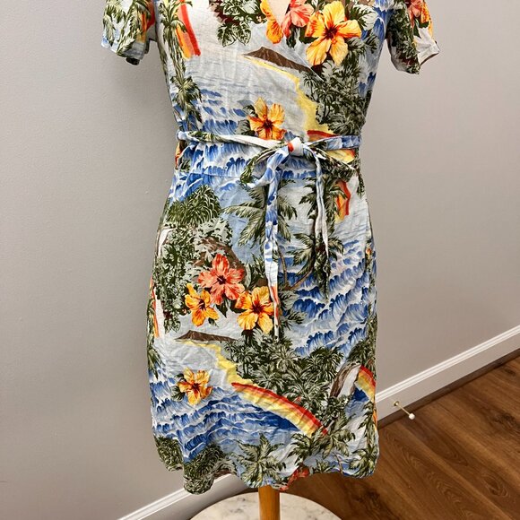 Marine Layer Frances Wrap Dress - Hawaiian Print Linen Blend Sz S - Picture 5 of 13